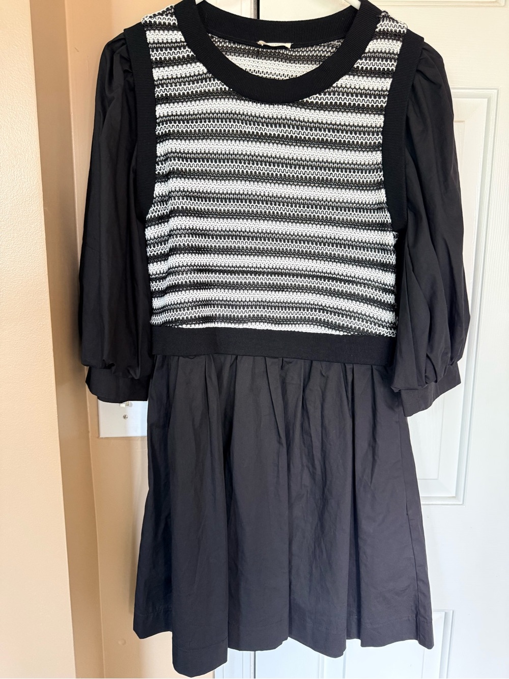 JODIFL Black and White Striped Knit Bodice Puff Sleeve Dress